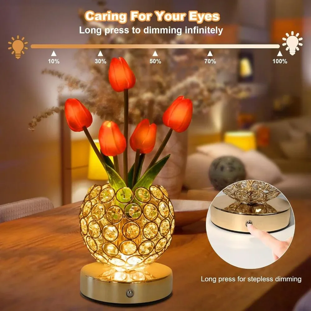 Crystal Red Tulip Flower Rechargeable Cordless Touch Light Lamp Home Decor